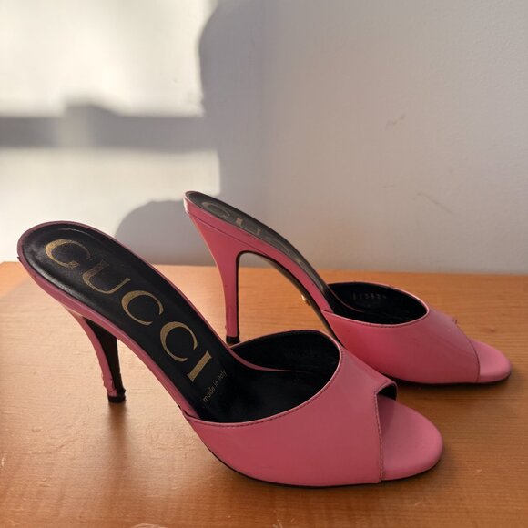 GUCCI Scarlet Pink Patent Leather Heel Mules Slides Sandals FW2019 Size 36.5 - Picture 3 of 7